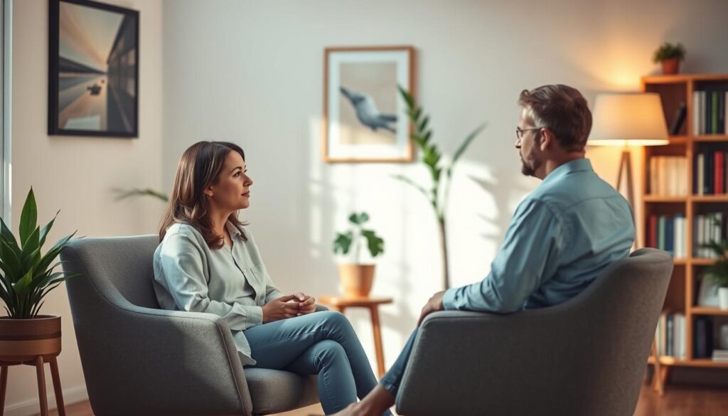 A serene and supportive scene in a softly lit consultation room, featuring a professional therapist seated in a comfortable chair, wearing modest business attire. The therapist is attentively listening to a person across from them, who appears to be sharing their feelings. The person is dressed in casual clothing, conveying a sense of safety and openness. The room is adorned with calming colors, plants, and subtle artwork that promotes tranquility. The lighting is warm and gentle, creating an inviting atmosphere, with soft shadows enhancing the emotional depth. In the background, hints of a bookshelf filled with self-help books and a resourceful environment can be seen, symbolizing guidance and hope. Overall, the image should evoke feelings of support, understanding, and healing, illustrating psychological support as essential for well-being. A serene and supportive scene in a softly lit consultation room, featuring a professional therapist seated in a comfortable chair, wearing modest business attire. The therapist is attentively listening to a person across from them, who appears to be sharing their feelings. The person is dressed in casual clothing, conveying a sense of safety and openness. The room is adorned with calming colors, plants, and subtle artwork that promotes tranquility. The lighting is warm and gentle, creating an inviting atmosphere, with soft shadows enhancing the emotional depth. In the background, hints of a bookshelf filled with self-help books and a resourceful environment can be seen, symbolizing guidance and hope. Overall, the image should evoke feelings of support, understanding, and healing, illustrating psychological support as essential for well-being.