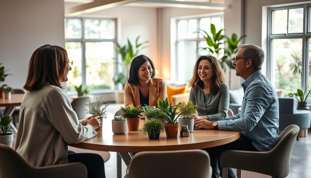 A serene and supportive workplace environment designed for individuals coping with depression. In the foreground, a diverse group of professionals, including a woman in a soft pastel blouse and a man in smart casual attire, are engaging in a collaborative discussion around a round table filled with plants and natural light. The middle ground features a cozy lounge area with comfortable seating and warm lighting, while the background displays large windows overlooking a garden, allowing sunlight to filter in. The atmosphere is calm and inviting, evoking a sense of trust and safety. Use soft focus and natural lighting to enhance the warm, supportive mood, capturing a space that encourages well-being and open communication. A serene and supportive workplace environment designed for individuals coping with depression. In the foreground, a diverse group of professionals, including a woman in a soft pastel blouse and a man in smart casual attire, are engaging in a collaborative discussion around a round table filled with plants and natural light. The middle ground features a cozy lounge area with comfortable seating and warm lighting, while the background displays large windows overlooking a garden, allowing sunlight to filter in. The atmosphere is calm and inviting, evoking a sense of trust and safety. Use soft focus and natural lighting to enhance the warm, supportive mood, capturing a space that encourages well-being and open communication.