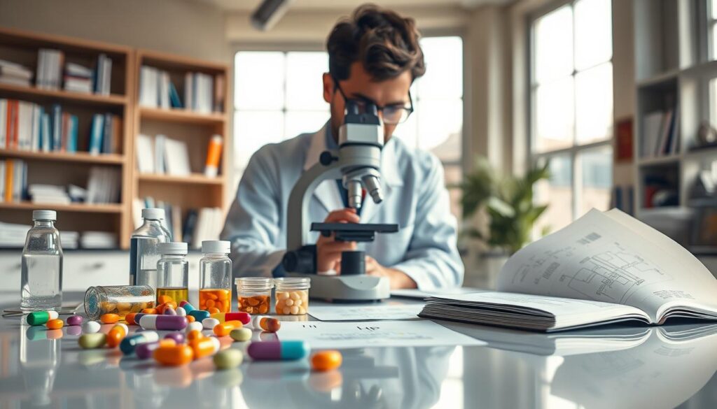 A serene and thoughtfully designed laboratory setting, showcasing a scientist in professional attire, deeply engaged in analyzing medication for depression. The foreground features a polished laboratory table with colorful pills, vials, and open research papers, symbolizing the complexity of antidepressant mechanisms. In the middle, a microscope draws attention, with charts of neurotransmitter pathways subtly integrated into the scene. The background reveals shelves filled with medical books and a large window allowing soft, natural light to illuminate the workspace, creating an atmosphere of calm curiosity and hope. Utilize a slightly angled perspective to add depth, emphasizing the importance of research in mental health. The overall mood is one of innovation and dedication, reflecting the significance of understanding how antidepressant medications work. A serene and thoughtfully designed laboratory setting, showcasing a scientist in professional attire, deeply engaged in analyzing medication for depression. The foreground features a polished laboratory table with colorful pills, vials, and open research papers, symbolizing the complexity of antidepressant mechanisms. In the middle, a microscope draws attention, with charts of neurotransmitter pathways subtly integrated into the scene. The background reveals shelves filled with medical books and a large window allowing soft, natural light to illuminate the workspace, creating an atmosphere of calm curiosity and hope. Utilize a slightly angled perspective to add depth, emphasizing the importance of research in mental health. The overall mood is one of innovation and dedication, reflecting the significance of understanding how antidepressant medications work.