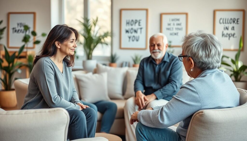 A serene and uplifting composition focusing on the theme of depression treatment. In the foreground, a diverse group of three people (a middle-aged woman, a young man, and an elderly person) are engaged in a supportive group therapy session, sitting in a circle with gentle smiles, dressed in casual professional attire. In the middle ground, there are soft, muted pastel colors depicted in the furniture and decor, reflecting a calming environment with natural light pouring in through large windows. The background features a cozy room with plants and motivational artwork on the walls, creating an atmosphere of hope and healing. The overall mood is encouraging and positive, evoking a sense of community and resilience. A serene and uplifting composition focusing on the theme of depression treatment. In the foreground, a diverse group of three people (a middle-aged woman, a young man, and an elderly person) are engaged in a supportive group therapy session, sitting in a circle with gentle smiles, dressed in casual professional attire. In the middle ground, there are soft, muted pastel colors depicted in the furniture and decor, reflecting a calming environment with natural light pouring in through large windows. The background features a cozy room with plants and motivational artwork on the walls, creating an atmosphere of hope and healing. The overall mood is encouraging and positive, evoking a sense of community and resilience.