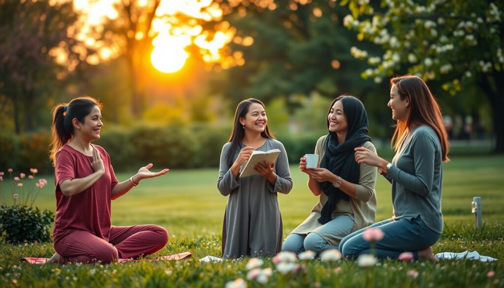 A serene and uplifting scene depicting effective methods for combating depression. In the foreground, a diverse group of three individuals in modest casual clothing engages in uplifting activities: one is practicing yoga, another is journaling, and a third is sharing a laugh over a cup of tea. In the middle ground, a peaceful park setting with vibrant greenery and blooming flowers symbolizes growth and healing. The background features a gentle sun setting, casting warm golden light that illuminates the entire scene, creating an inspirational and hopeful atmosphere. The overall composition conveys a sense of connection, wellness, and positivity, evoking feelings of hope and recovery. The image should be captured with a soft focus and a warm color palette to enhance the mood. A serene and uplifting scene depicting effective methods for combating depression. In the foreground, a diverse group of three individuals in modest casual clothing engages in uplifting activities: one is practicing yoga, another is journaling, and a third is sharing a laugh over a cup of tea. In the middle ground, a peaceful park setting with vibrant greenery and blooming flowers symbolizes growth and healing. The background features a gentle sun setting, casting warm golden light that illuminates the entire scene, creating an inspirational and hopeful atmosphere. The overall composition conveys a sense of connection, wellness, and positivity, evoking feelings of hope and recovery. The image should be captured with a soft focus and a warm color palette to enhance the mood.