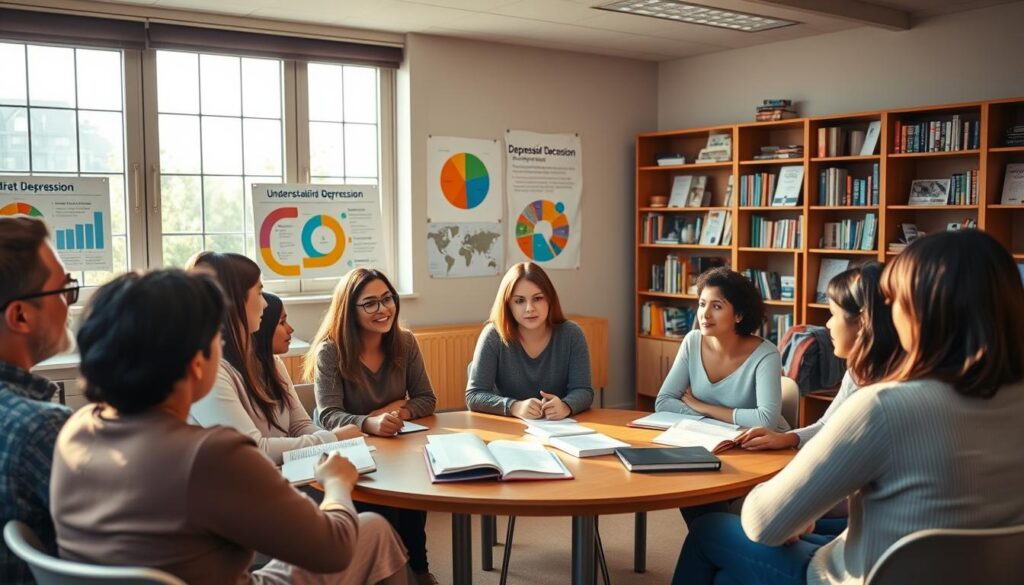 A serene classroom setting filled with warm, natural light filtering through large windows. In the foreground, a thoughtful teacher, dressed in professional attire, is engaged in a animated discussion with a diverse group of attentive adult learners, all wearing modest, casual clothing. They are seated at a round table, surrounded by books and visual aids about depression. In the middle ground, colorful charts and infographics depicting the importance of understanding depression hang on the walls. The background features a cozy bookshelf filled with educational materials and support resources. The mood is encouraging, emphasizing the importance of education in overcoming mental health challenges, creating an atmosphere of hope and awareness. A serene classroom setting filled with warm, natural light filtering through large windows. In the foreground, a thoughtful teacher, dressed in professional attire, is engaged in a animated discussion with a diverse group of attentive adult learners, all wearing modest, casual clothing. They are seated at a round table, surrounded by books and visual aids about depression. In the middle ground, colorful charts and infographics depicting the importance of understanding depression hang on the walls. The background features a cozy bookshelf filled with educational materials and support resources. The mood is encouraging, emphasizing the importance of education in overcoming mental health challenges, creating an atmosphere of hope and awareness.