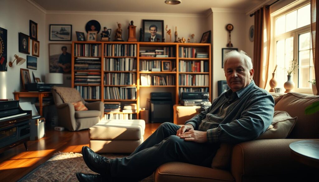 A serene, cozy interior of Don Vasyl's home, showcasing an inviting living room that reflects his personal life. In the foreground, a well-dressed man in modest casual clothing, embodying Don Vasyl, sits comfortably on a plush sofa, surrounded by cultural memorabilia and family photos on the walls. In the middle ground, a well-stocked bookshelf filled with records, books, and trophies hints at his artistic achievements. The background features a large window letting in warm, golden afternoon light, highlighting the tranquil atmosphere of the room. Soft shadows play across the wooden floor, creating a homey and intimate mood, emphasizing the balance between his public persona and private sanctuary.