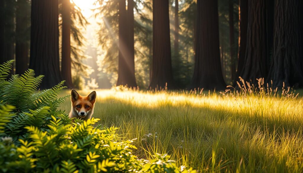 A serene forest setting showcasing the natural habitat of a fox. In the foreground, a curious red fox emerges from a thicket of lush green ferns, its eyes bright and alert. The middle ground features a sun-dappled clearing with soft grasses and wildflowers, creating a vibrant contrast against the deep, shadowy woods behind. Towering trees, their trunks marked by years, rise majestically in the background, filtering warm sunlight that creates an ethereal atmosphere. Soft, golden hour lighting bathes the scene, enhancing the tranquility and beauty of the setting. The overall mood is peaceful and enchanting, capturing the essence of where a fox thrives in its natural environment. A serene forest setting showcasing the natural habitat of a fox. In the foreground, a curious red fox emerges from a thicket of lush green ferns, its eyes bright and alert. The middle ground features a sun-dappled clearing with soft grasses and wildflowers, creating a vibrant contrast against the deep, shadowy woods behind. Towering trees, their trunks marked by years, rise majestically in the background, filtering warm sunlight that creates an ethereal atmosphere. Soft, golden hour lighting bathes the scene, enhancing the tranquility and beauty of the setting. The overall mood is peaceful and enchanting, capturing the essence of where a fox thrives in its natural environment.