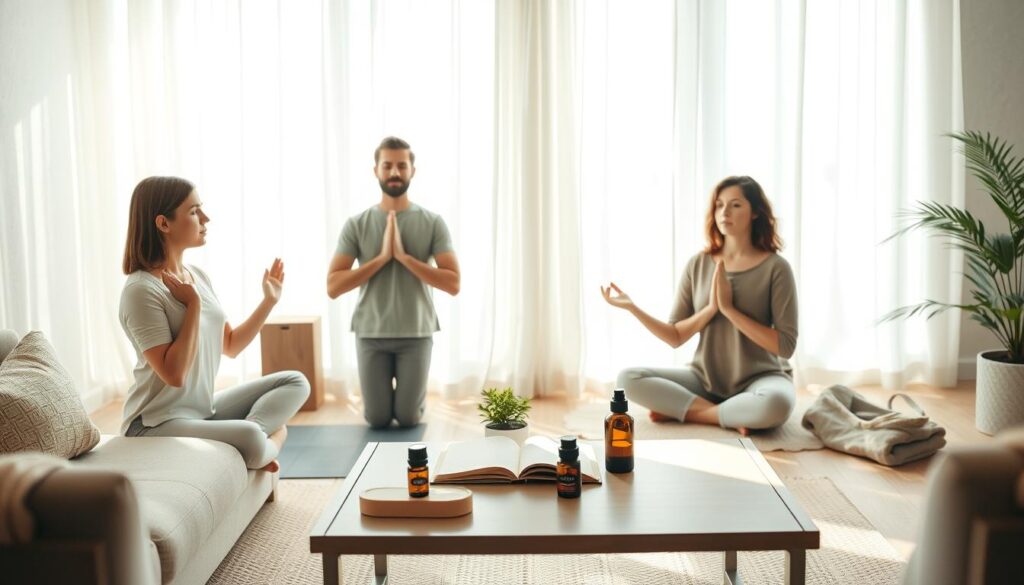 A serene indoor scene depicting stress management techniques, featuring a well-lit room with a comfortable seating area. In the foreground, a diverse group of three adults—two women and one man—engaged in yoga and meditation, wearing modest casual clothing. The middle ground showcases a low table with mindfulness tools like a journal, calming essential oils, and a small indoor plant. The background includes a soft-lit window with sheer curtains, allowing natural light to fill the space, creating a warm and inviting atmosphere. The mood is tranquil and focused, emphasizing relaxation and self-care, with gentle shadows enhancing the peaceful vibe. The image captures moments of connection and personal growth without any text or descriptions.