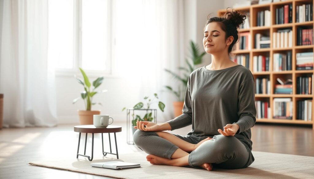 A serene indoor space illuminated by soft, natural light filtering through large windows. In the foreground, a person in modest casual clothing sits cross-legged on a comfortable mat, practicing mindfulness meditation, with closed eyes and a peaceful expression. Next to them, a small table holds a journal and a cup of herbal tea, symbolizing reflection and self-care. In the middle ground, houseplants add a touch of greenery, enhancing the tranquil atmosphere. The background features a bookshelf filled with self-help books, promoting personal growth and coping strategies. The overall mood is calming and inspiring, embodying themes of self-help and emotional wellness in the context of overcoming depression. A serene indoor space illuminated by soft, natural light filtering through large windows. In the foreground, a person in modest casual clothing sits cross-legged on a comfortable mat, practicing mindfulness meditation, with closed eyes and a peaceful expression. Next to them, a small table holds a journal and a cup of herbal tea, symbolizing reflection and self-care. In the middle ground, houseplants add a touch of greenery, enhancing the tranquil atmosphere. The background features a bookshelf filled with self-help books, promoting personal growth and coping strategies. The overall mood is calming and inspiring, embodying themes of self-help and emotional wellness in the context of overcoming depression.