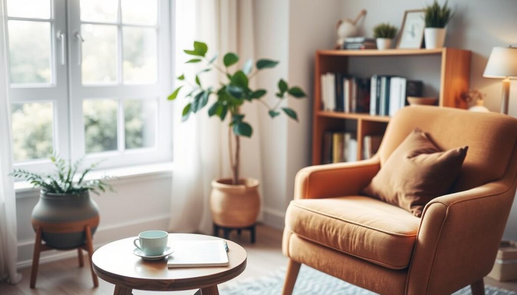 A serene indoor therapy setting, focusing on effective methods for overcoming depression. In the foreground, a warm, inviting armchair is positioned beside a small table with comforting items like a journal, a tea cup, and a candle. In the middle ground, a window allows soft, natural light to flood the room, illustrating a calm morning outside with greenery visible. A potted plant adds a touch of life. In the background, a shelf filled with self-help books and calming decor enhances the supportive atmosphere. The overall mood is hopeful and comforting, encouraging self-care and healing. Use soft focus for a gentle, uplifting effect.