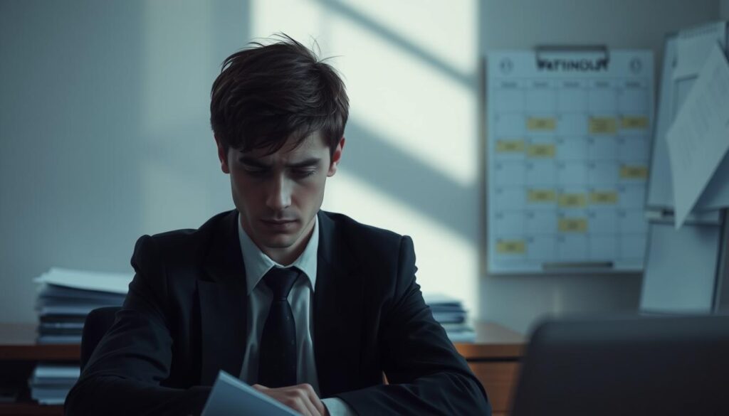 A serene, introspective scene depicting the subtle signs of high-functioning depression. In the foreground, a contemplative individual in professional business attire sits at a desk, their expression reflecting a mix of focus and exhaustion. The middle layer features a blurred stack of papers, symbolizing overwhelming responsibilities, while soft light streams through a window, casting gentle shadows. In the background, a calendar displays a busy schedule, emphasizing the pressure to maintain appearances. The overall atmosphere is somber yet thoughtful, with cool, muted colors creating a reflective mood. The lens captures a slightly elevated angle, offering a broader perspective while maintaining an intimate feel.