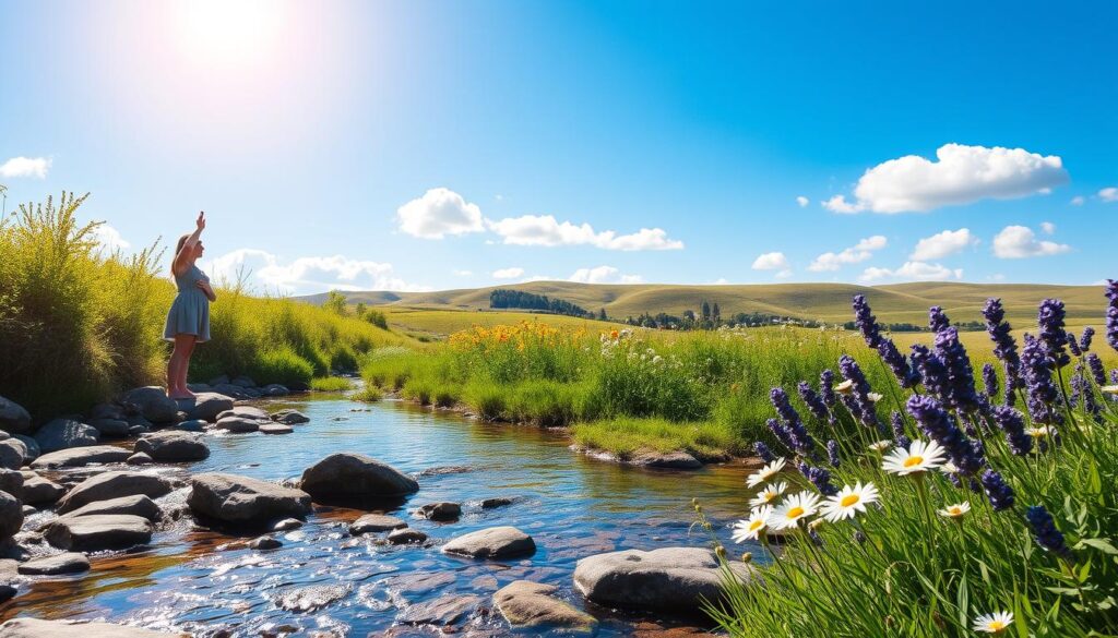 A serene nature scene illustrating natural methods for managing anxiety. In the foreground, a gentle stream flows over smooth stones, surrounded by lush green plants and colorful wildflowers. A person in modest casual clothing, practicing deep breathing exercises by the water, embodies tranquility and mindfulness. In the middle ground, a sun-drenched meadow showcases a variety of herbs known for their calming properties, such as chamomile and lavender. The background features rolling hills under a clear blue sky, with soft, fluffy clouds drifting lazily. The warm, diffused sunlight creates a peaceful atmosphere, emphasizing a sense of healing and connection with nature. The scene captures the essence of natural remedies for anxiety, invoking feelings of calmness and hope.