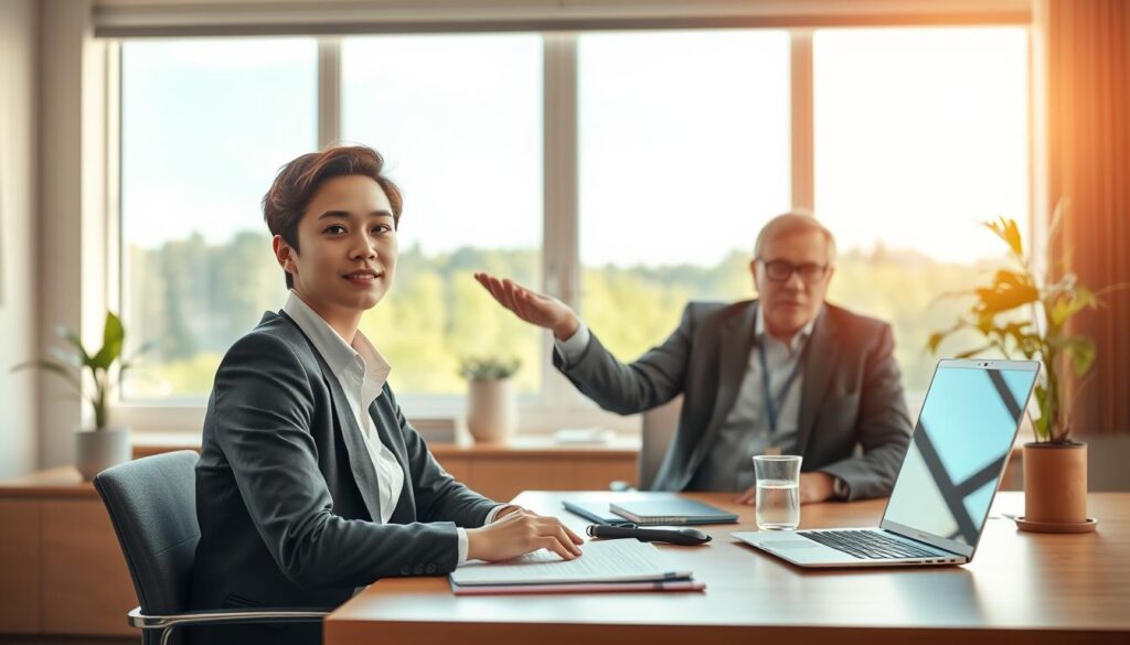 A serene office environment showing a supportive job interview scene. In the foreground, a young adult in professional attire, exuding a calm demeanor, sits at a neat desk with a laptop open and notes arranged thoughtfully. In the middle ground, a middle-aged interviewer's hand reaches out in encouragement, displaying an empathetic expression. Soft, warm lighting floods the space from a large window in the background, revealing a peaceful outdoor view of greenery and blue skies. Gentle colors dominate the palette, contributing to a comforting atmosphere that embodies hope and encouragement. The overall mood is uplifting and supportive, ideal for illustrating the theme of finding work while managing depression. A serene office environment showing a supportive job interview scene. In the foreground, a young adult in professional attire, exuding a calm demeanor, sits at a neat desk with a laptop open and notes arranged thoughtfully. In the middle ground, a middle-aged interviewer's hand reaches out in encouragement, displaying an empathetic expression. Soft, warm lighting floods the space from a large window in the background, revealing a peaceful outdoor view of greenery and blue skies. Gentle colors dominate the palette, contributing to a comforting atmosphere that embodies hope and encouragement. The overall mood is uplifting and supportive, ideal for illustrating the theme of finding work while managing depression.