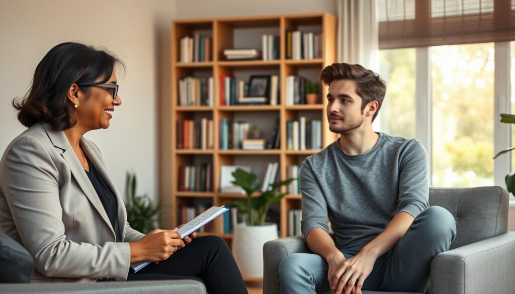 A serene office setting with a professional therapist and a patient sitting across from each other, engaged in a supportive conversation. The therapist, a middle-aged South Asian woman in a smart blazer, smiles empathetically while holding a notepad. The patient, a young Caucasian man in casual but neat clothing, appears thoughtful and relaxed, reflecting an open attitude toward healing. In the background, a bookshelf filled with psychology books and a soft-lit window revealing a peaceful garden scene add a calming atmosphere. Soft, natural lighting enhances the tranquility of the setting, evoking a sense of hope and comfort. The overall mood is one of support, professionalism, and the journey toward mental wellness through pharmacotherapy.