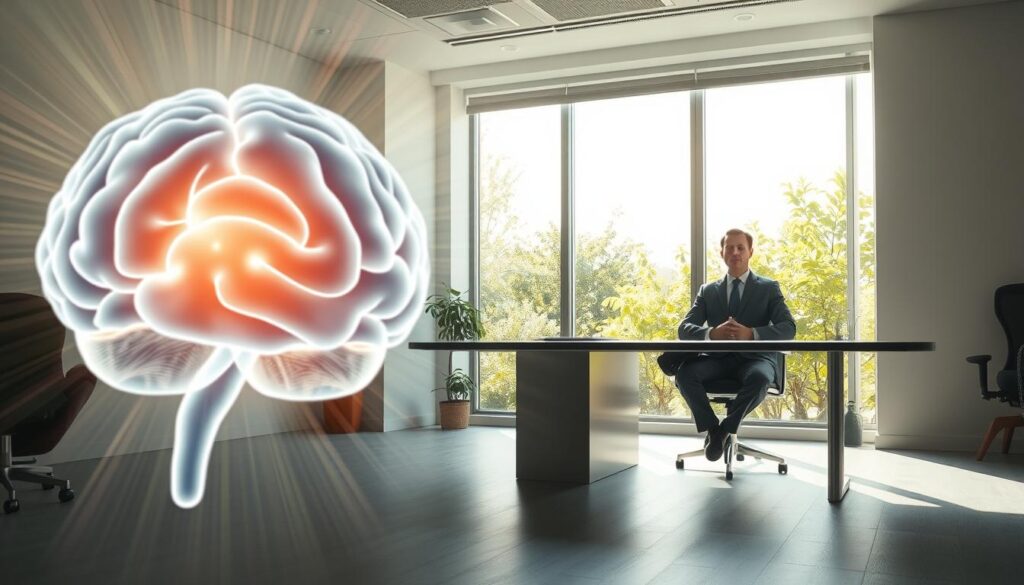 A serene office space depicting a process of brain recovery after depression. In the foreground, a close-up view of an abstract, semi-transparent brain surrounded by radiating light, symbolizing regeneration and healing. The middle section features an individual sitting at a sleek desk, dressed in professional business attire and engaging in mindfulness meditation, with a peaceful expression that conveys focus and tranquility. In the background, a large window reveals a bright, sunlit garden filled with greenery, representing growth and renewal. Soft, diffused natural light fills the room, creating a warm and inviting atmosphere, while gentle shadows add depth. The overall mood should evoke hope and resilience, capturing the essence of cognitive and emotional recovery.