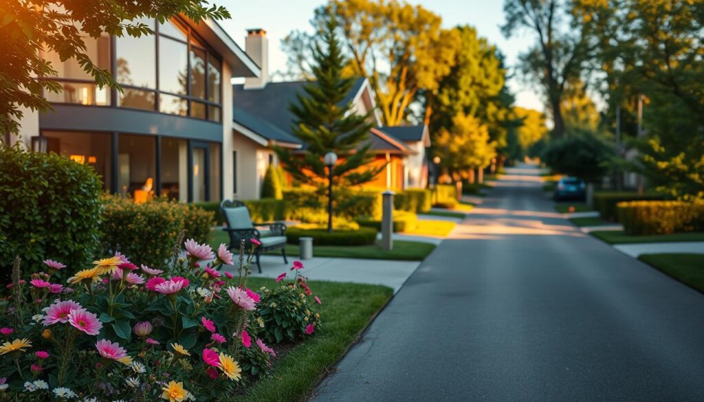 A serene suburban neighborhood represents Dagmara Kaźmierska's residence, showcasing a modern, elegant house with large windows surrounded by lush greenery. In the foreground, a beautifully landscaped garden blooms with vibrant flowers, inviting a sense of tranquility. The middle ground features a well-kept driveway leading to the home, adorned with tasteful outdoor lighting. The background reveals a picturesque street lined with trees, creating a peaceful atmosphere. The image is bathed in warm, golden sunlight, suggesting a late afternoon, enhancing the inviting nature of the scene. A soft focus lens captures the details vividly, while a slight upward camera angle emphasizes the home's welcoming facade, creating a mood of reassurance and comfort.