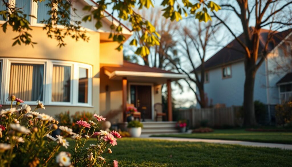 A serene suburban neighborhood scene showcasing the home of a singer, with a warm, inviting facade featuring large windows and a charming front porch. In the foreground, a well-maintained garden with blooming flowers and a neatly trimmed lawn. The middle ground captures the house's entrance, flanked by tasteful outdoor decorations. In the background, soft-focus trees and a clear blue sky create a peaceful atmosphere. The lighting is golden hour, casting a soft glow that enhances the warmth of the setting. The scene evokes a sense of comfort and familiarity, inviting viewers to connect with the life of Małgorzata Ostrowska in her personal space. A serene suburban neighborhood scene showcasing the home of a singer, with a warm, inviting facade featuring large windows and a charming front porch. In the foreground, a well-maintained garden with blooming flowers and a neatly trimmed lawn. The middle ground captures the house's entrance, flanked by tasteful outdoor decorations. In the background, soft-focus trees and a clear blue sky create a peaceful atmosphere. The lighting is golden hour, casting a soft glow that enhances the warmth of the setting. The scene evokes a sense of comfort and familiarity, inviting viewers to connect with the life of Małgorzata Ostrowska in her personal space.