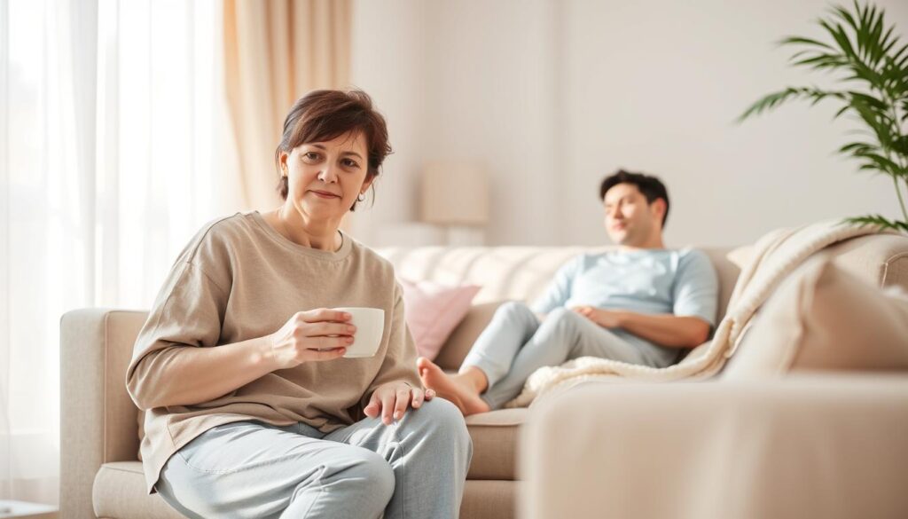 A serene, supportive scene depicting a warm and inviting living room, where a comforting atmosphere encourages connection. In the foreground, a caring individual in modest casual clothing sits with an empathetic expression, holding a cup of tea, conveying attentiveness. Beside them, a person in gentle repose, appearing reflective yet at ease, is seated on a cozy sofa. In the middle ground, soft cushions and a light blanket create a welcoming environment, emphasizing comfort and safety. The background features soft, diffused natural light filtering through a window adorned with light curtains, casting gentle shadows. The mood is calm and reassuring, illustrating the importance of support and understanding in dealing with depression. Emphasize a color palette of soothing pastels to enhance the peaceful atmosphere. A serene, supportive scene depicting a warm and inviting living room, where a comforting atmosphere encourages connection. In the foreground, a caring individual in modest casual clothing sits with an empathetic expression, holding a cup of tea, conveying attentiveness. Beside them, a person in gentle repose, appearing reflective yet at ease, is seated on a cozy sofa. In the middle ground, soft cushions and a light blanket create a welcoming environment, emphasizing comfort and safety. The background features soft, diffused natural light filtering through a window adorned with light curtains, casting gentle shadows. The mood is calm and reassuring, illustrating the importance of support and understanding in dealing with depression. Emphasize a color palette of soothing pastels to enhance the peaceful atmosphere.