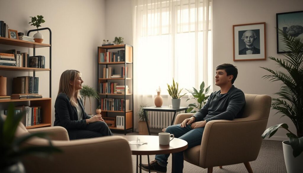 A serene therapy room bathed in soft, natural light filtering through a large window. In the foreground, a compassionate psychologist, a middle-aged woman dressed in professional attire, is seated across from a young adult client, who appears engaged and hopeful. The client, a young man in casual but respectable clothing, sits in a comfortable chair, his body language open and receptive. In the middle ground, shelves filled with books on psychology and self-help create an inviting atmosphere, while a small coffee table with warm tea and tissues adds a personal touch. In the background, subtle plants and calming artwork enhance the soothing ambiance, creating a sense of support and understanding. The overall mood is one of warmth, safety, and encouragement, reflecting the essence of psychological support. A serene therapy room bathed in soft, natural light filtering through a large window. In the foreground, a compassionate psychologist, a middle-aged woman dressed in professional attire, is seated across from a young adult client, who appears engaged and hopeful. The client, a young man in casual but respectable clothing, sits in a comfortable chair, his body language open and receptive. In the middle ground, shelves filled with books on psychology and self-help create an inviting atmosphere, while a small coffee table with warm tea and tissues adds a personal touch. In the background, subtle plants and calming artwork enhance the soothing ambiance, creating a sense of support and understanding. The overall mood is one of warmth, safety, and encouragement, reflecting the essence of psychological support.
