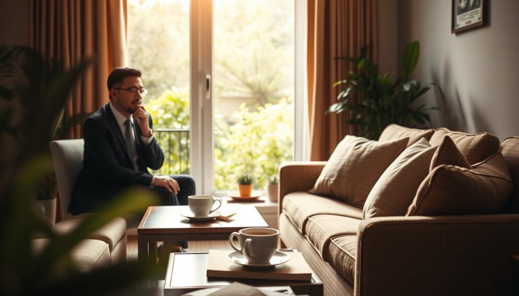 A serene therapy room bathed in soft, natural light, with a large window revealing a tranquil garden outside. In the foreground, a thoughtful psychologist, dressed in professional business attire, sits across from a client on a comfortable couch, actively engaging in conversation. The middle ground features a coffee table with a notebook and a steaming cup of tea, symbolizing warmth and openness. The background displays calming greenery and gentle light filtering through the leaves, creating a peaceful atmosphere. Include warm tones throughout the image to evoke feelings of hope and healing, emphasizing the importance of psychotherapy in overcoming depression. Use a soft focus lens effect to enhance the emotional depth and intimate setting of the scene. A serene therapy room bathed in soft, natural light, with a large window revealing a tranquil garden outside. In the foreground, a thoughtful psychologist, dressed in professional business attire, sits across from a client on a comfortable couch, actively engaging in conversation. The middle ground features a coffee table with a notebook and a steaming cup of tea, symbolizing warmth and openness. The background displays calming greenery and gentle light filtering through the leaves, creating a peaceful atmosphere. Include warm tones throughout the image to evoke feelings of hope and healing, emphasizing the importance of psychotherapy in overcoming depression. Use a soft focus lens effect to enhance the emotional depth and intimate setting of the scene.