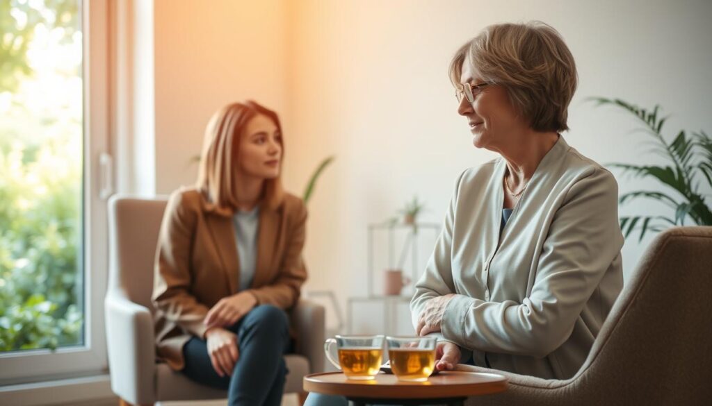 A serene therapy room bathed in soft, warm light, featuring a comfortable armchair and a small table with a steaming cup of herbal tea. In the foreground, a compassionate therapist in professional attire, a middle-aged woman with glasses, gently listens to a young adult client, portraying a sense of safety and understanding. The client, a young woman with shoulder-length hair, appears contemplative yet hopeful as she sits across from the therapist. In the background, a large window reveals a peaceful garden filled with greenery, symbolizing healing and tranquility. The atmosphere is calm and inviting, designed to evoke feelings of support and encouragement in the treatment of depression. A serene therapy room bathed in soft, warm light, featuring a comfortable armchair and a small table with a steaming cup of herbal tea. In the foreground, a compassionate therapist in professional attire, a middle-aged woman with glasses, gently listens to a young adult client, portraying a sense of safety and understanding. The client, a young woman with shoulder-length hair, appears contemplative yet hopeful as she sits across from the therapist. In the background, a large window reveals a peaceful garden filled with greenery, symbolizing healing and tranquility. The atmosphere is calm and inviting, designed to evoke feelings of support and encouragement in the treatment of depression.