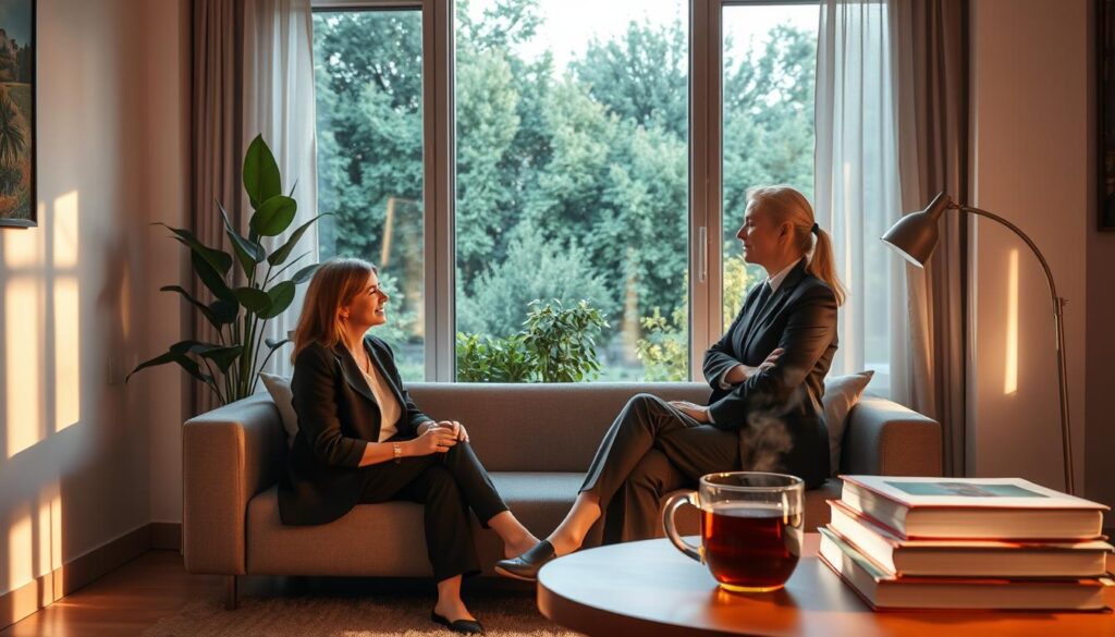 A serene therapy room bathed in warm, soft lighting, with gentle shadows cast across the room. In the foreground, a professional therapist, dressed in smart business attire, attentively listens to a client who sits on a comfortable couch, showcasing a look of relief and hope. The therapist maintains a welcoming posture, conveying empathy and understanding. In the middle ground, a large window reveals a tranquil garden outside, with lush greenery symbolizing growth and healing. On a nearby table, a stack of self-help books and a steaming mug of herbal tea emphasize the theme of recovery. The overall atmosphere is calm and supportive, evoking a sense of safety and encouragement, ideal for the journey of overcoming depression. A serene therapy room bathed in warm, soft lighting, with gentle shadows cast across the room. In the foreground, a professional therapist, dressed in smart business attire, attentively listens to a client who sits on a comfortable couch, showcasing a look of relief and hope. The therapist maintains a welcoming posture, conveying empathy and understanding. In the middle ground, a large window reveals a tranquil garden outside, with lush greenery symbolizing growth and healing. On a nearby table, a stack of self-help books and a steaming mug of herbal tea emphasize the theme of recovery. The overall atmosphere is calm and supportive, evoking a sense of safety and encouragement, ideal for the journey of overcoming depression.