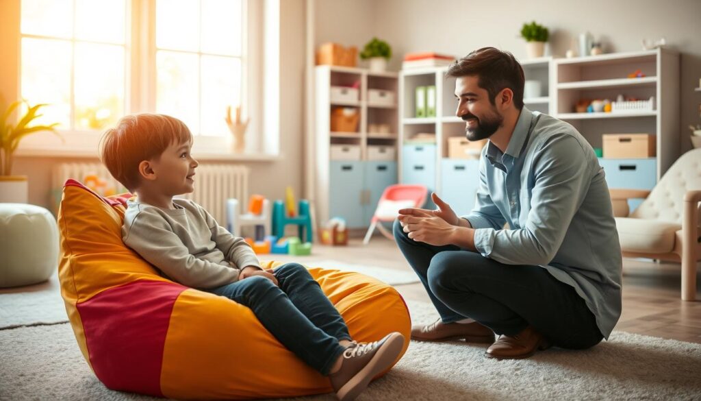 A serene therapy room designed for children, featuring soft pastel colors and plush furniture. In the foreground, a child, around 8 years old, sits comfortably on a colorful beanbag, looking thoughtfully at a friendly therapist. The therapist, a calm adult wearing professional but casual clothing, kneels beside the child, offering guidance with an encouraging smile. In the middle ground, a variety of toys and art supplies are neatly organized, inviting creativity and openness. The background shows a large window with warm, natural light streaming in, creating an uplifting atmosphere. The overall mood is one of safety and support, emphasizing emotional connection and understanding. The lens captures the scene with a slight blur on the edges, focusing on the interaction between the child and the therapist.