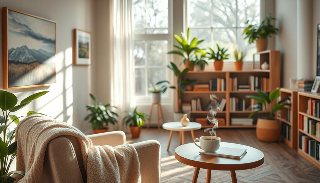 A serene therapy room designed for the treatment of depression, softly lit by natural daylight streaming through large windows, creating a warm atmosphere. In the foreground, a comfortable armchair with a cozy blanket draped over it, symbolizing comfort and support. The middle ground features a small table with a steaming cup of herbal tea and a notepad for journaling, representing reflective practices. The background is adorned with soothing wall art depicting nature, lush green plants in corners for a touch of vitality, and bookshelves filled with literature on mental health. The overall mood is calm, inviting, and encouraging healing, emphasizing the importance of a supportive environment in mental health treatment. A serene therapy room designed for the treatment of depression, softly lit by natural daylight streaming through large windows, creating a warm atmosphere. In the foreground, a comfortable armchair with a cozy blanket draped over it, symbolizing comfort and support. The middle ground features a small table with a steaming cup of herbal tea and a notepad for journaling, representing reflective practices. The background is adorned with soothing wall art depicting nature, lush green plants in corners for a touch of vitality, and bookshelves filled with literature on mental health. The overall mood is calm, inviting, and encouraging healing, emphasizing the importance of a supportive environment in mental health treatment.
