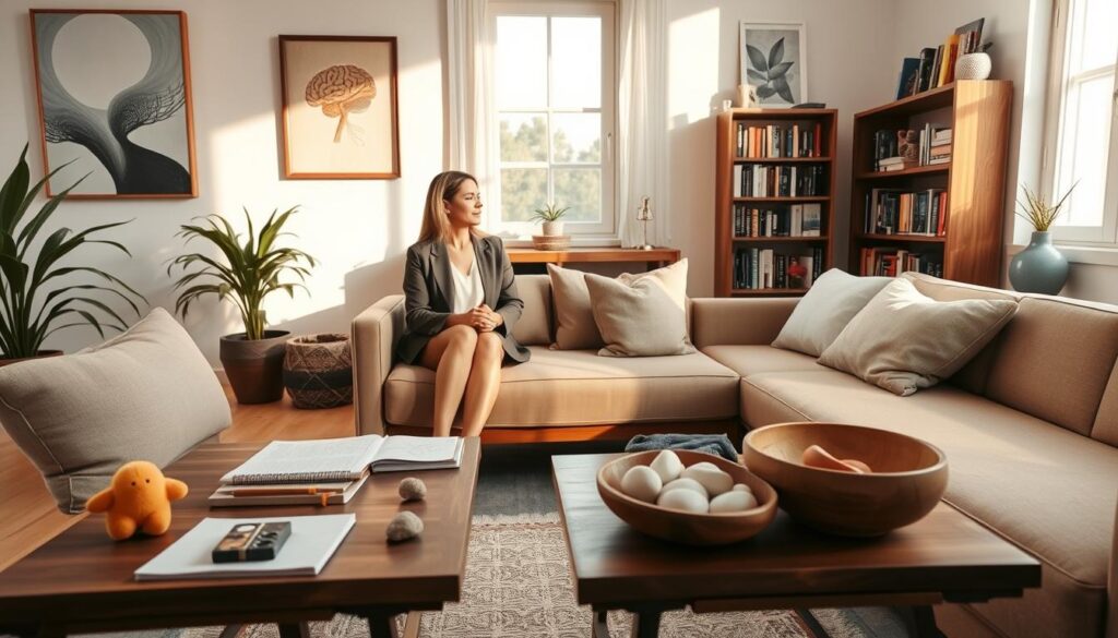 A serene therapy room featuring a blend of traditional and modern therapeutic techniques. In the foreground, a comfortable therapy couch with soft, inviting cushions. To the left, a therapist in professional attire engages with a client, both appearing calm and focused. On a coffee table, various therapeutic tools such as a mindfulness journal, stress-relief toys, and a bowl of calming stones. In the middle, a large window allows natural light to pour in, casting warm shadows across the room, enhancing a peaceful atmosphere. The background features calming artwork and a bookshelf filled with psychological texts and self-help resources, symbolizing cognitive and emotional healing. The mood is one of hope and renewal, perfect for illustrating therapeutic practices in brain recovery.