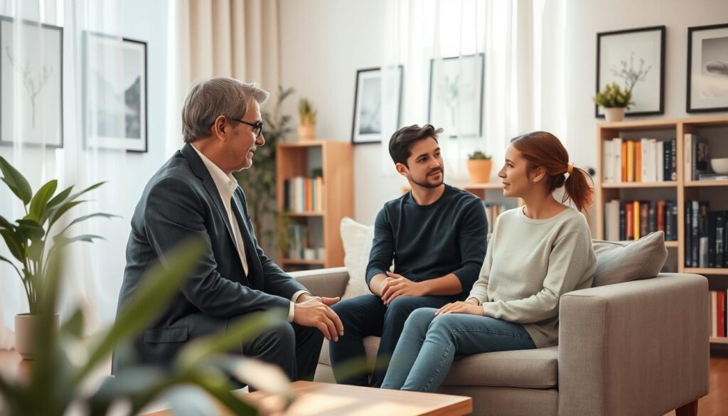 A serene therapy room, softly lit by natural daylight filtering through sheer curtains. In the foreground, a compassionate therapist, a middle-aged person in smart casual attire, listens attentively to a young adult client sitting on a comfortable couch, their expression reflecting relief and hope. The middle ground features a soothing color palette with decorative plants and framed calming artworks on the walls, enhancing the atmosphere of safety and trust. In the background, bookshelves filled with psychology literature suggest a wealth of knowledge and professionalism. The overall mood is one of warmth and supportive engagement, embodying the role of psychotherapy in healing from depression, inviting viewers to explore the depths of mental wellness. A serene therapy room, softly lit by natural daylight filtering through sheer curtains. In the foreground, a compassionate therapist, a middle-aged person in smart casual attire, listens attentively to a young adult client sitting on a comfortable couch, their expression reflecting relief and hope. The middle ground features a soothing color palette with decorative plants and framed calming artworks on the walls, enhancing the atmosphere of safety and trust. In the background, bookshelves filled with psychology literature suggest a wealth of knowledge and professionalism. The overall mood is one of warmth and supportive engagement, embodying the role of psychotherapy in healing from depression, inviting viewers to explore the depths of mental wellness.