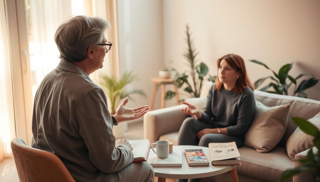 A serene therapy room softly lit by warm, natural light filtering through a large window. In the foreground, a middle-aged therapist in professional attire is engaged in a compassionate conversation with a client seated on a comfortable couch, who appears thoughtful yet hopeful. The therapist gestures gently, demonstrating empathy and understanding. In the middle, there are therapeutic tools like a journal, art supplies, and a mental health resource book on a small table, symbolizing diverse therapeutic methods. In the background, calming plants and soft colors create a tranquil atmosphere. The overall mood conveys support, healing, and the positive impact of therapeutic methods in treating depression, with an emphasis on connection and understanding.