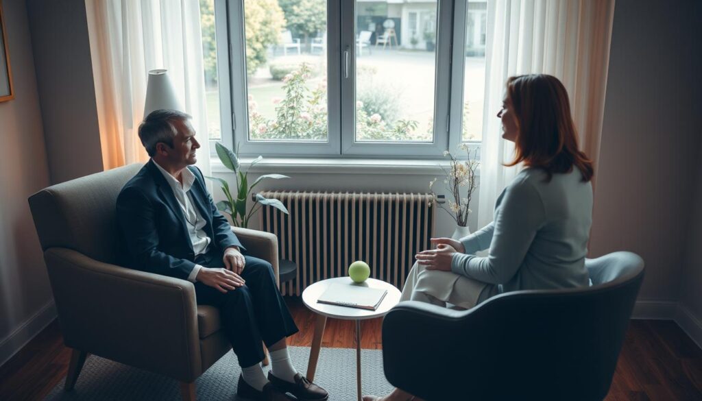 A serene therapy room with soft, warm lighting that conveys comfort and hope. In the foreground, a patient in professional business attire sits on a comfortable chair, listening intently to a compassionate therapist who is seated across from them, exuding empathy and understanding. In the middle, a small table between them holds a few therapy tools, like a notebook and a stress ball, symbolizing healing methods. In the background, a window reveals a tranquil garden view with blooming flowers, representing growth and renewal. The overall atmosphere is peaceful and supportive, reflecting a positive approach to overcoming depression, with gentle, inviting colors that enhance the mood of recovery and reassurance. A serene therapy room with soft, warm lighting that conveys comfort and hope. In the foreground, a patient in professional business attire sits on a comfortable chair, listening intently to a compassionate therapist who is seated across from them, exuding empathy and understanding. In the middle, a small table between them holds a few therapy tools, like a notebook and a stress ball, symbolizing healing methods. In the background, a window reveals a tranquil garden view with blooming flowers, representing growth and renewal. The overall atmosphere is peaceful and supportive, reflecting a positive approach to overcoming depression, with gentle, inviting colors that enhance the mood of recovery and reassurance.