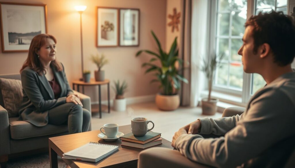 A serene therapy session focused on depression treatment, featuring a cozy, softly lit room. In the foreground, a professional therapist, a middle-aged woman in a business attire, sits across from a young adult patient, who wears comfortable, modest casual clothing. Both are engaged in a thoughtful conversation, showcasing empathy and understanding. In the middle ground, there's a coffee table with a notepad, a steaming cup of tea, and a few self-help books, symbolizing the therapeutic process. The background consists of warm-toned walls adorned with calming artwork, potted plants, and a window revealing a tranquil garden outside. The overall atmosphere conveys hope and healing, captured with soft focus and warm lighting to enhance the feelings of safety and comfort. A serene therapy session focused on depression treatment, featuring a cozy, softly lit room. In the foreground, a professional therapist, a middle-aged woman in a business attire, sits across from a young adult patient, who wears comfortable, modest casual clothing. Both are engaged in a thoughtful conversation, showcasing empathy and understanding. In the middle ground, there's a coffee table with a notepad, a steaming cup of tea, and a few self-help books, symbolizing the therapeutic process. The background consists of warm-toned walls adorned with calming artwork, potted plants, and a window revealing a tranquil garden outside. The overall atmosphere conveys hope and healing, captured with soft focus and warm lighting to enhance the feelings of safety and comfort.