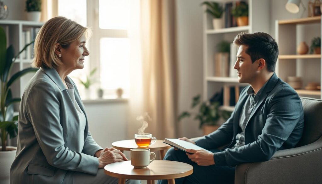 A serene therapy session in a cozy, well-lit room, showcasing a professional psychologist and a client engaging in a supportive conversation. In the foreground, the psychologist, a middle-aged woman in smart casual attire, listens attentively with a compassionate expression. The client, a young man in business casual clothing, sits on a comfortable chair, appearing thoughtful and open. In the middle ground, a small round table holds a steaming cup of tea and a notebook. The background features softly lit shelves filled with books and plants, creating a calming atmosphere. Soft natural light filters through a window, casting gentle shadows, and enhancing the emotional warmth of the scene, evoking a sense of trust and safety ideal for psychological support. A serene therapy session in a cozy, well-lit room, showcasing a professional psychologist and a client engaging in a supportive conversation. In the foreground, the psychologist, a middle-aged woman in smart casual attire, listens attentively with a compassionate expression. The client, a young man in business casual clothing, sits on a comfortable chair, appearing thoughtful and open. In the middle ground, a small round table holds a steaming cup of tea and a notebook. The background features softly lit shelves filled with books and plants, creating a calming atmosphere. Soft natural light filters through a window, casting gentle shadows, and enhancing the emotional warmth of the scene, evoking a sense of trust and safety ideal for psychological support.