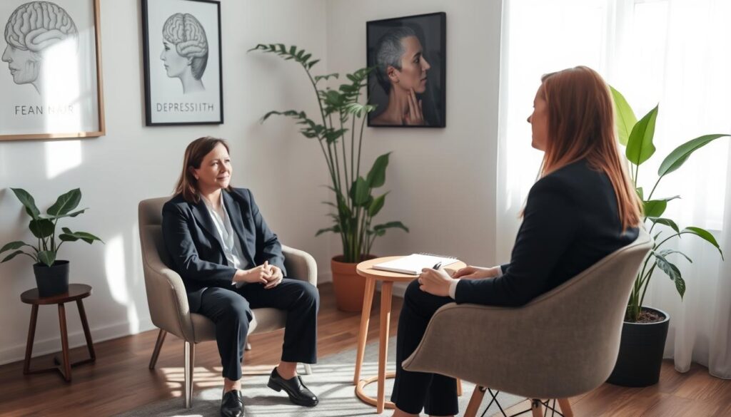 A serene, well-lit room designed for psychological assessment, featuring a comfortable chair and a small table with a notepad and pen. In the foreground, a mental health professional is seated, dressed in business attire, attentively listening to a patient who appears contemplative while sitting across from them. Soft natural light filters through a window, casting gentle shadows, creating a calming atmosphere. The walls are adorned with soothing artwork related to mental health themes. Lush indoor plants are strategically placed in the background, enhancing the sense of tranquility. The overall mood conveys professionalism, empathy, and hope, reflecting the process of diagnosing depression with compassion and care. The angle is slightly elevated, capturing both individuals within the frame, emphasizing the dialogue and connection between them.
