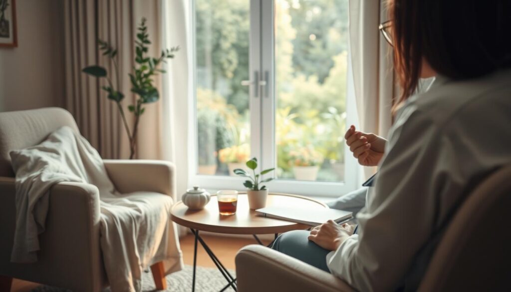 A serene, well-lit therapy room with soft, warm lighting creating a calming atmosphere. In the foreground, a comfortable armchair draped with a light blanket, suggesting a welcoming space for healing. The middle layer features a coffee table with a notebook, a steaming cup of herbal tea, and a potted plant, symbolizing growth and hope. In the background, a window reveals a tranquil garden, with gentle sunlight filtering through, enhancing the peaceful mood. A therapist in professional attire, attentively listening and offering support, presents an image of compassion and understanding. The overall composition is balanced and harmonious, evoking a sense of safety, warmth, and encouragement, ideal for depicting effective methods of treating depression. A serene, well-lit therapy room with soft, warm lighting creating a calming atmosphere. In the foreground, a comfortable armchair draped with a light blanket, suggesting a welcoming space for healing. The middle layer features a coffee table with a notebook, a steaming cup of herbal tea, and a potted plant, symbolizing growth and hope. In the background, a window reveals a tranquil garden, with gentle sunlight filtering through, enhancing the peaceful mood. A therapist in professional attire, attentively listening and offering support, presents an image of compassion and understanding. The overall composition is balanced and harmonious, evoking a sense of safety, warmth, and encouragement, ideal for depicting effective methods of treating depression.