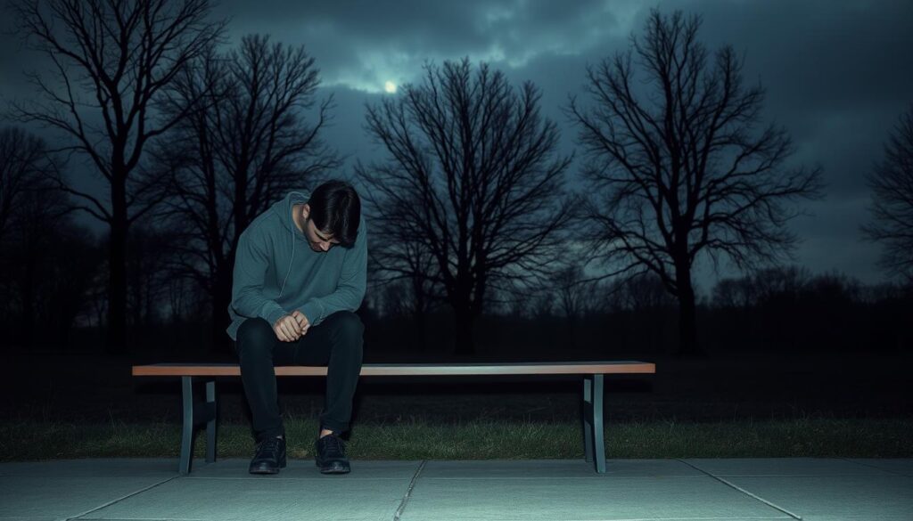 A serene yet evocative scene depicting the concept of depression. In the foreground, a person sits on a bench with their head bowed, dressed in modest casual clothing; their body language conveys a sense of heaviness and introspection. In the middle ground, a dimly lit park setting with barren trees, casting long shadows, symbolizes isolation and despair. The background features a cloudy sky, with muted colors that evoke a somber mood, suggesting a lack of hope. Soft, diffused lighting creates a melancholic atmosphere, enhancing the sense of solitude. The overall composition invites contemplation and understanding of the complex nature of depression, without any distractions like text or overlays. A serene yet evocative scene depicting the concept of depression. In the foreground, a person sits on a bench with their head bowed, dressed in modest casual clothing; their body language conveys a sense of heaviness and introspection. In the middle ground, a dimly lit park setting with barren trees, casting long shadows, symbolizes isolation and despair. The background features a cloudy sky, with muted colors that evoke a somber mood, suggesting a lack of hope. Soft, diffused lighting creates a melancholic atmosphere, enhancing the sense of solitude. The overall composition invites contemplation and understanding of the complex nature of depression, without any distractions like text or overlays.