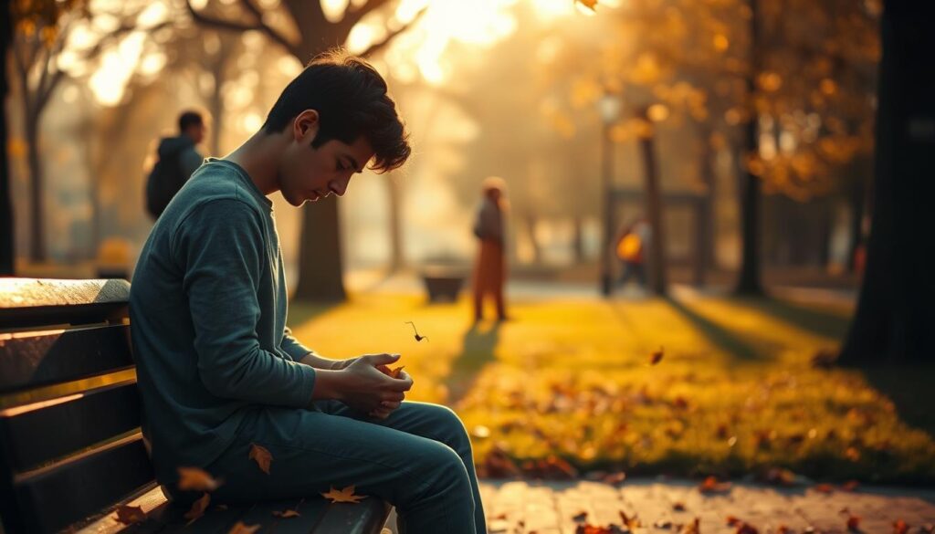 A serene yet poignant scene depicting a person sitting alone on a park bench, their body language conveying a sense of deep introspection and melancholy. The foreground features the figure, a young adult dressed in modest casual clothing, looking thoughtfully down at their hands, surrounded by delicate wisps of autumn leaves drifting by. In the middle ground, faint silhouettes of concerned friends or family members can be seen in a blurred context, suggesting a supportive presence while respecting the individual’s space. The background showcases a softly lit park, with warm golden hour sunlight filtering through trees, casting gentle shadows. The overall mood is one of quiet reflection, emphasizing the struggle with anxiety and low mood, inviting viewers to feel empathy and understanding. A serene yet poignant scene depicting a person sitting alone on a park bench, their body language conveying a sense of deep introspection and melancholy. The foreground features the figure, a young adult dressed in modest casual clothing, looking thoughtfully down at their hands, surrounded by delicate wisps of autumn leaves drifting by. In the middle ground, faint silhouettes of concerned friends or family members can be seen in a blurred context, suggesting a supportive presence while respecting the individual’s space. The background showcases a softly lit park, with warm golden hour sunlight filtering through trees, casting gentle shadows. The overall mood is one of quiet reflection, emphasizing the struggle with anxiety and low mood, inviting viewers to feel empathy and understanding.