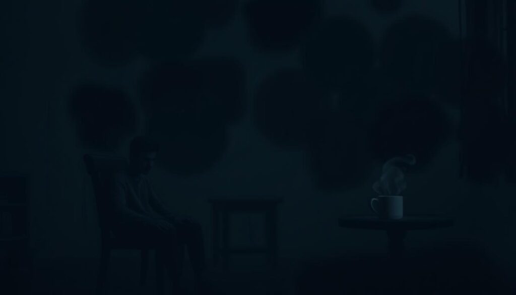 A serene yet somber scene portraying the emotional state of anxiety and depression. In the foreground, a person sits at a small table, their expression introspective and weary, dressed in modest casual clothing. They are surrounded by a dimly lit room filled with soft, shadowy tones. In the middle ground, subtle elements like an unused notebook and a steaming mug of tea convey a sense of isolation and contemplation. The background features blurred, muted colors of abstract shapes and shadows, creating a feeling of entrapment and heaviness. Soft, diffused lighting enhances the melancholic atmosphere, emphasizing the weight of emotional burden. The overall mood is one of introspection and the struggle between anxiety and a lowered mood. A serene yet somber scene portraying the emotional state of anxiety and depression. In the foreground, a person sits at a small table, their expression introspective and weary, dressed in modest casual clothing. They are surrounded by a dimly lit room filled with soft, shadowy tones. In the middle ground, subtle elements like an unused notebook and a steaming mug of tea convey a sense of isolation and contemplation. The background features blurred, muted colors of abstract shapes and shadows, creating a feeling of entrapment and heaviness. Soft, diffused lighting enhances the melancholic atmosphere, emphasizing the weight of emotional burden. The overall mood is one of introspection and the struggle between anxiety and a lowered mood.