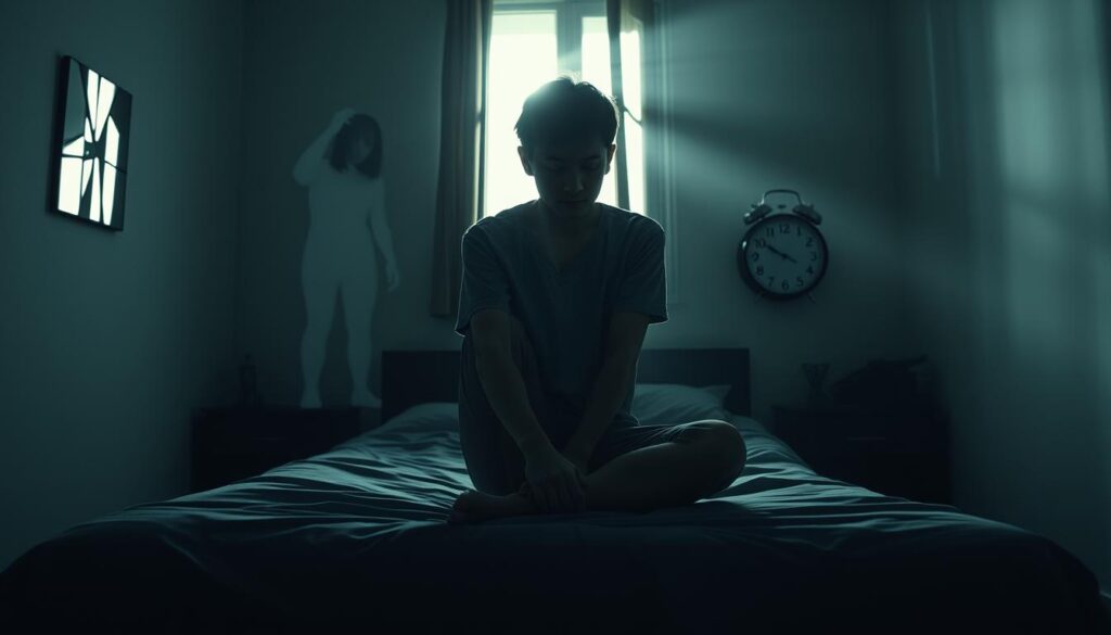 A shadowy room is depicted in the foreground, featuring a person in modest casual clothing sitting on the edge of a bed with a distant, lost expression. Their posture is hunched, conveying a sense of hopelessness. In the middle, soft, diffused light filters through a slightly open window, casting gentle rays, symbolizing isolation and melancholia. Surrounding the figure are subtle representations of common psychotic depression symptoms: fragmented mirrors, ghostly silhouettes, and a clock showing the time frozen, illustrating despair. The background features indistinct shapes of darkened furniture, enhancing the claustrophobic and heavy atmosphere. The overall mood is somber, evoking feelings of sadness and inner turmoil, captured from a slightly elevated angle to emphasize the isolation of the subject.