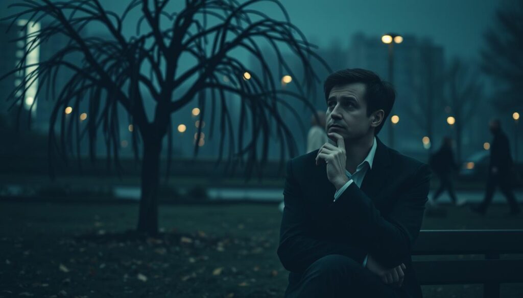 A solemn, reflective scene depicting the theme of depression's causes. In the foreground, a thoughtful individual in professional attire sits alone on a park bench, gazing into the distance with a furrowed brow, conveying a sense of contemplation. In the middle ground, a tree with drooping branches symbolizes sorrow, while scattered leaves represent lost hope. The background features a dimly lit urban landscape, with blurred silhouettes of people passing by, illustrating the isolation felt by those experiencing depression. Soft, diffused lighting creates a melancholic atmosphere, with cool color tones emphasizing the sense of sadness and introspection, captured at eye-level to invite viewers into the scene.