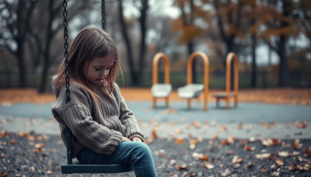 A somber and reflective scene depicting a young child sitting alone on a playground swing, their body language conveying sadness and isolation. In the foreground, the child, a girl around seven years old in a cozy, warm sweater and jeans, looks down, with long hair slightly obscuring her face. In the middle ground, an empty playground with fading colors, surrounded by autumn leaves adding a melancholic touch. The background features blurred trees, suggesting the passage of time, with soft, muted lighting casting gentle shadows, enhancing the atmosphere of loneliness and reflection. The mood should evoke empathy and understanding of childhood depression, with a focus on the child's emotional state rather than the surroundings. Please ensure no additional text or watermarks are present in the image. A somber and reflective scene depicting a young child sitting alone on a playground swing, their body language conveying sadness and isolation. In the foreground, the child, a girl around seven years old in a cozy, warm sweater and jeans, looks down, with long hair slightly obscuring her face. In the middle ground, an empty playground with fading colors, surrounded by autumn leaves adding a melancholic touch. The background features blurred trees, suggesting the passage of time, with soft, muted lighting casting gentle shadows, enhancing the atmosphere of loneliness and reflection. The mood should evoke empathy and understanding of childhood depression, with a focus on the child's emotional state rather than the surroundings. Please ensure no additional text or watermarks are present in the image.