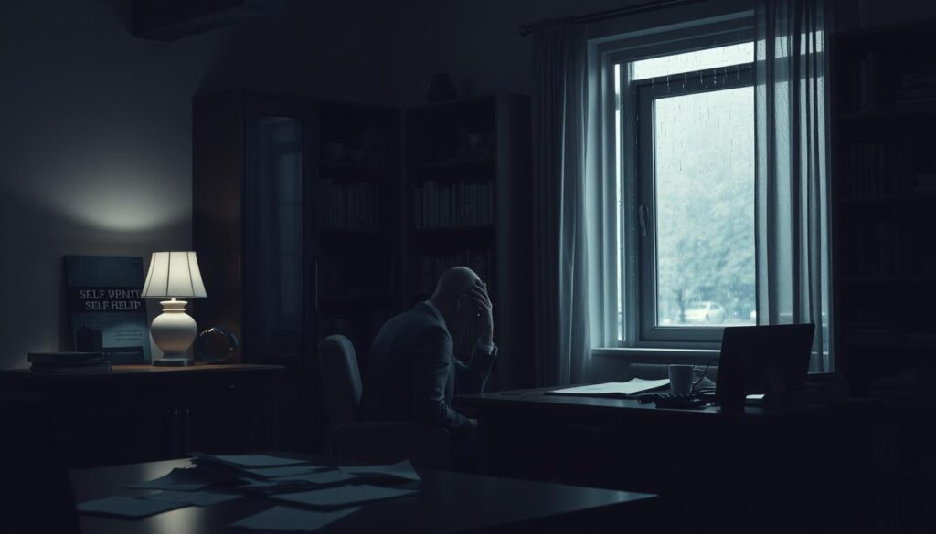 A somber indoor scene that captures the essence of depression's causes. In the foreground, a figure in professional attire sits at a desk, looking contemplative and slightly hunched, surrounded by scattered papers and a dimly lit lamp. The middle ground features a window with rain falling outside, casting a gray light that enhances the atmosphere of despair. In the background, a darkened bookshelf filled with unopened self-help books and empty coffee cups adds to the sense of isolation. The room should feel claustrophobic yet introspective, with soft shadows creating a melancholic mood. Use soft lighting to evoke a feeling of quiet introspection and reflection, capturing the essence of a struggle with mental health. A somber indoor scene that captures the essence of depression's causes. In the foreground, a figure in professional attire sits at a desk, looking contemplative and slightly hunched, surrounded by scattered papers and a dimly lit lamp. The middle ground features a window with rain falling outside, casting a gray light that enhances the atmosphere of despair. In the background, a darkened bookshelf filled with unopened self-help books and empty coffee cups adds to the sense of isolation. The room should feel claustrophobic yet introspective, with soft shadows creating a melancholic mood. Use soft lighting to evoke a feeling of quiet introspection and reflection, capturing the essence of a struggle with mental health.