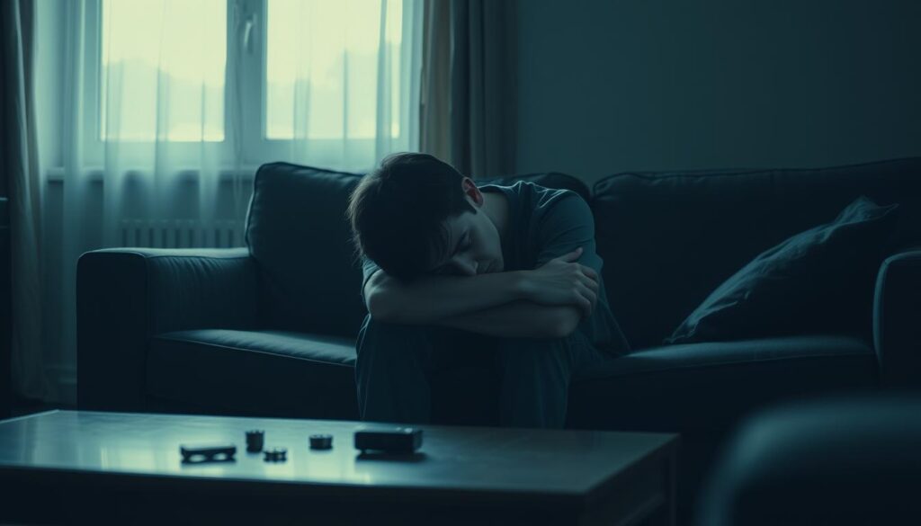A somber indoor setting featuring a person sitting alone on a couch, wearing modest casual clothing, with their head resting on their arms, reflecting deep emotional turmoil. The foreground shows the individual with their expression conveying feelings of sadness and isolation. The middle ground includes dimly lit elements like a coffee table with a few scattered items, suggesting neglect, while a window in the background allows soft, muted light to filter in, creating an introspective atmosphere. The color palette should be cool, with shades of blue and gray, enhancing the feeling of melancholy. The focus is on the emotions portrayed, emphasizing the profound impact of depression.