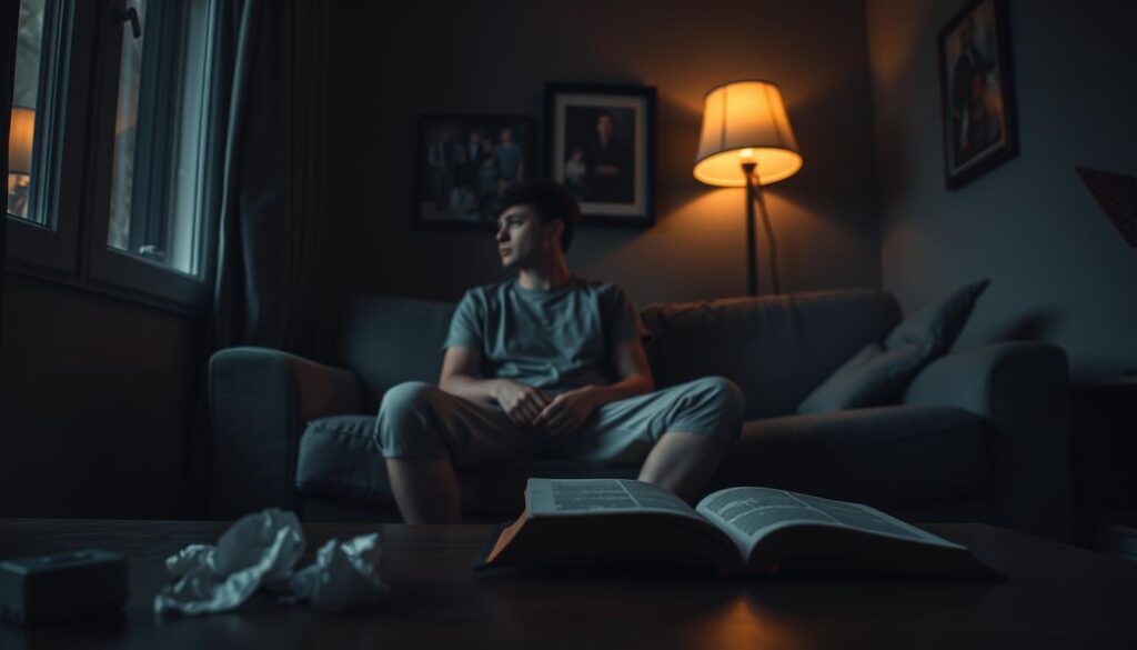 A somber interior scene depicting a melancholic individual sitting alone on a couch in a dimly lit room. The person, dressed in modest casual clothing, gazes pensively out of a window. The foreground highlights subtle details like crumpled tissues and an untouched book, symbolizing indifference. In the middle, a softly flickering lamp casts warm light, contrasting the cool, shadowy hues of the background, which includes framed family photos hinting at a complex legacy of emotional burdens. The atmosphere is heavy, evoking a sense of isolation and introspection, with shadows intensifying the feeling of despair, emphasizing the connection to familial hereditary depression. Ensure the lighting is soft, with a focus on emotional depth and portrayal of internal struggle. A somber interior scene depicting a melancholic individual sitting alone on a couch in a dimly lit room. The person, dressed in modest casual clothing, gazes pensively out of a window. The foreground highlights subtle details like crumpled tissues and an untouched book, symbolizing indifference. In the middle, a softly flickering lamp casts warm light, contrasting the cool, shadowy hues of the background, which includes framed family photos hinting at a complex legacy of emotional burdens. The atmosphere is heavy, evoking a sense of isolation and introspection, with shadows intensifying the feeling of despair, emphasizing the connection to familial hereditary depression. Ensure the lighting is soft, with a focus on emotional depth and portrayal of internal struggle.