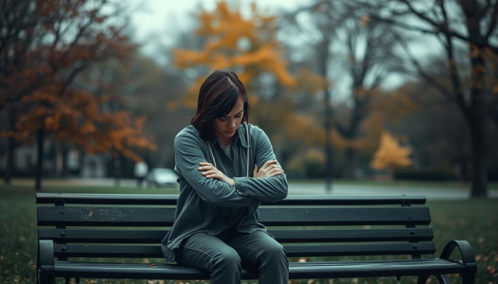 A somber, introspective scene depicting the symptoms of anxiety and depression. In the foreground, a person sits on a park bench, dressed in modest casual clothing, with a troubled expression, gazing down at their hands. Their posture is closed off, arms crossed tightly, conveying a sense of isolation. The middle ground features a blurred park with muted colors, emphasizing the person's emotional struggle. In the background, soft autumn trees with falling leaves suggest change and transition, adding to the melancholic atmosphere. Overcast lighting establishes a gray, somber mood, while shallow depth of field focuses on the individual, allowing the surrounding environment to fade gently. The composition should evoke feelings of empathy and contemplation, capturing the challenging intersection of anxiety and low mood. A somber, introspective scene depicting the symptoms of anxiety and depression. In the foreground, a person sits on a park bench, dressed in modest casual clothing, with a troubled expression, gazing down at their hands. Their posture is closed off, arms crossed tightly, conveying a sense of isolation. The middle ground features a blurred park with muted colors, emphasizing the person's emotional struggle. In the background, soft autumn trees with falling leaves suggest change and transition, adding to the melancholic atmosphere. Overcast lighting establishes a gray, somber mood, while shallow depth of field focuses on the individual, allowing the surrounding environment to fade gently. The composition should evoke feelings of empathy and contemplation, capturing the challenging intersection of anxiety and low mood.