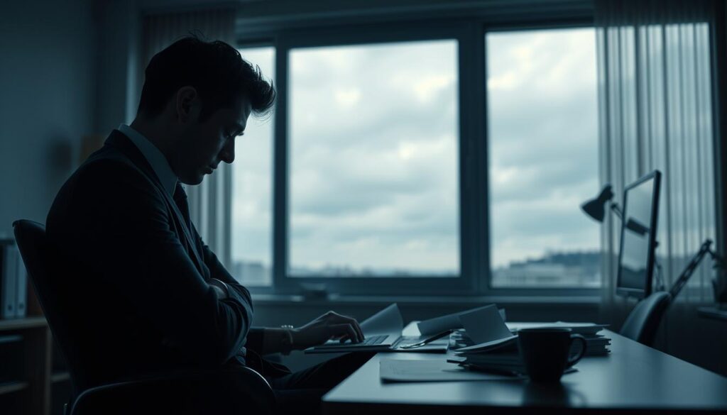 A somber office environment with soft, dim lighting to create a reflective atmosphere. In the foreground, a well-dressed individual sits at a desk, their posture slumped and expression downcast, conveying feelings of sadness and thoughtfulness. Papers and a cup of coffee sit scattered on the desk, symbolizing overwhelming stress. In the middle ground, a large window reveals a gloomy, overcast sky outside, suggesting a sense of isolation. Subtle shadows play across the room, enhancing the mood of depression. The focus is on the individual, with a slight blur on the background to emphasize their emotional state. The overall tone is melancholic, aiming to evoke empathy and understanding of depression symptoms. A somber office environment with soft, dim lighting to create a reflective atmosphere. In the foreground, a well-dressed individual sits at a desk, their posture slumped and expression downcast, conveying feelings of sadness and thoughtfulness. Papers and a cup of coffee sit scattered on the desk, symbolizing overwhelming stress. In the middle ground, a large window reveals a gloomy, overcast sky outside, suggesting a sense of isolation. Subtle shadows play across the room, enhancing the mood of depression. The focus is on the individual, with a slight blur on the background to emphasize their emotional state. The overall tone is melancholic, aiming to evoke empathy and understanding of depression symptoms.