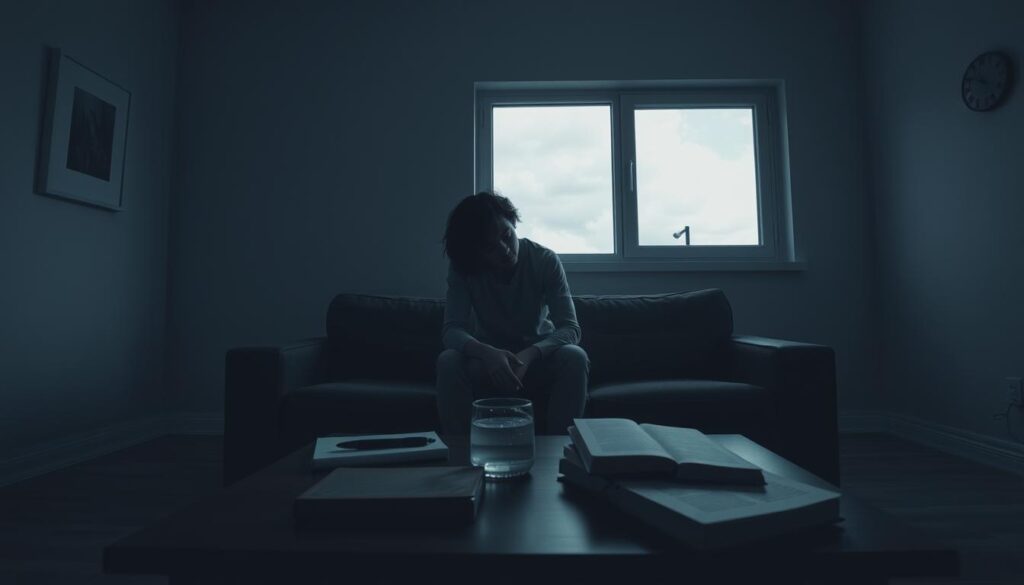 A somber room bathed in soft, diffused light, illustrating the theme of recognizing depression. In the foreground, a person sits on a couch, looking contemplative and a bit forlorn, wearing modest casual clothing. Their posture is slightly hunched, with hands resting on their knees, exuding a sense of introspection. In the middle, a coffee table is scattered with items like a journal, a glass of water, and a well-worn book, symbolizing isolation and self-reflection. In the background, a window reveals overcast skies, contributing to a melancholic atmosphere. The overall mood is one of quiet sadness, with shadows creating depth while ensuring the setting is tranquil and safe. The composition invites viewers to connect with the subject’s emotional state.