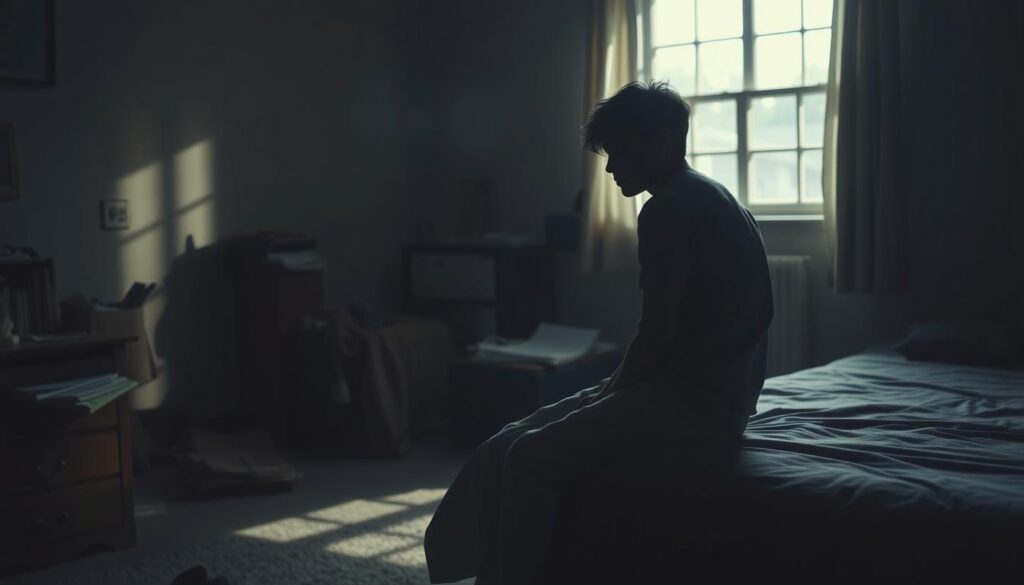 A somber scene depicting the concept of depression as a mental illness. In the foreground, a figure sits on the edge of a bed, dressed in modest casual clothing, looking contemplative and withdrawn, surrounded by soft, dim light. In the middle ground, a cluttered room with subtle shadows, reflecting disarray yet hinting at a life disrupted by mental struggles. The background features a window with muted daylight filtering through, casting gentle beams that symbolize hope amidst despair. The overall mood is introspective and poignant, evoking empathy and understanding. Use soft focus for a dreamy quality, with a slightly faded color palette to enhance the feeling of melancholy and introspection. A somber scene depicting the concept of depression as a mental illness. In the foreground, a figure sits on the edge of a bed, dressed in modest casual clothing, looking contemplative and withdrawn, surrounded by soft, dim light. In the middle ground, a cluttered room with subtle shadows, reflecting disarray yet hinting at a life disrupted by mental struggles. The background features a window with muted daylight filtering through, casting gentle beams that symbolize hope amidst despair. The overall mood is introspective and poignant, evoking empathy and understanding. Use soft focus for a dreamy quality, with a slightly faded color palette to enhance the feeling of melancholy and introspection.