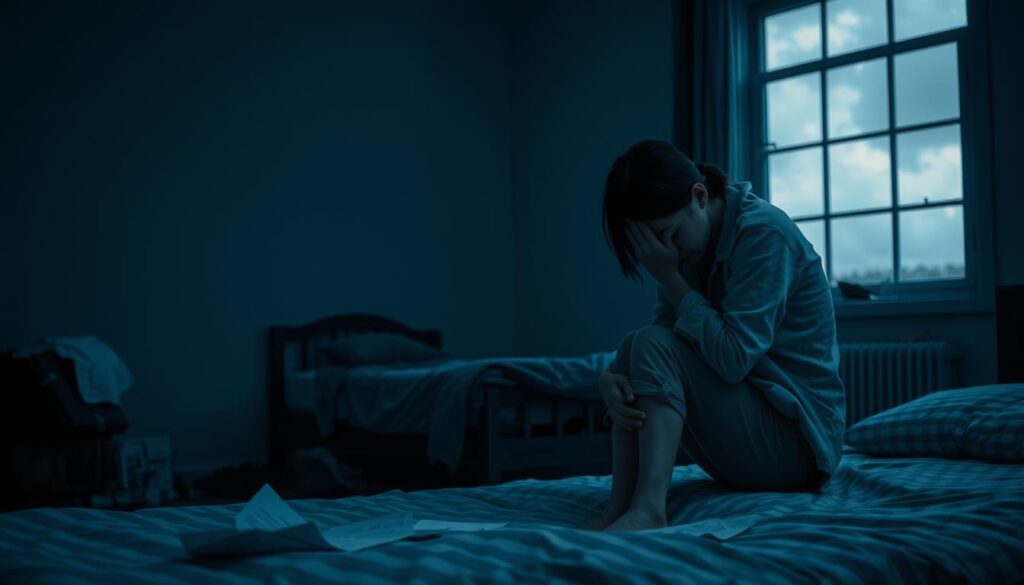 A somber scene depicting the somatic symptoms of depression. In the foreground, a person in modest casual clothing, their facial expression conveying sadness and fatigue, sitting on the edge of a bed with their head slightly bowed. The middle ground features a dimly lit room with scattered objects such as an unmade bed and crumpled papers, symbolizing emotional turmoil. The background shows a window with cloudy, gray skies filtering soft, muted light into the room, enhancing the melancholic atmosphere. The colors are predominantly cool tones of blue and gray, emphasizing the heavy mood. The image captures the physical manifestations of mental illness, such as tension in posture and distant gaze, illustrating the theme of somatic depression.