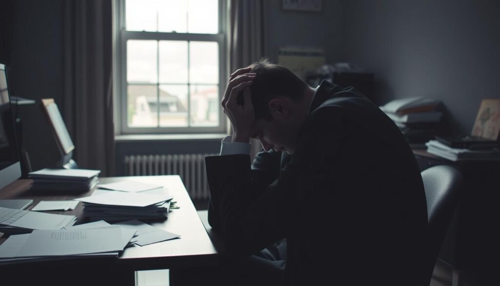 A somber scene illustrating the symptoms of depression; in the foreground, a figure in professional attire sits at a desk, head in hands, showcasing a posture of exhaustion and despair. The figure’s face is not visible, but the body language conveys a deep sense of isolation. In the middle ground, scattered papers and an unkempt workspace emphasize the overwhelming stress and chaos. The background features a dimly lit room with muted colors, perhaps a window revealing a cloudy sky, casting soft, diffused light that enhances the melancholic mood. The atmosphere is heavy, conveying a sense of loneliness and emotional struggle, inviting the viewer to reflect on the often-invisible nature of depression. The perspective is slightly angled from above, creating a sense of being an observer in this intimate moment.