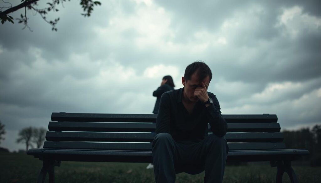A somber yet thought-provoking image depicting the physical and psychological symptoms of depression. In the foreground, a person in modest casual clothing sits on a park bench, their posture slumped, and their face expressing a blend of sadness and introspection. In the middle ground, a blurred silhouette of a friend offering support, symbolizing the need for connection. The background features a gloomy sky with murky clouds, casting soft diffused light, creating a moody atmosphere. The scene should evoke a sense of quiet struggle and loneliness, representing the internal battle of those experiencing depression while also hinting at hope through the supportive figure. The composition should be captured from a low angle to emphasize the weight of the subject's emotions.