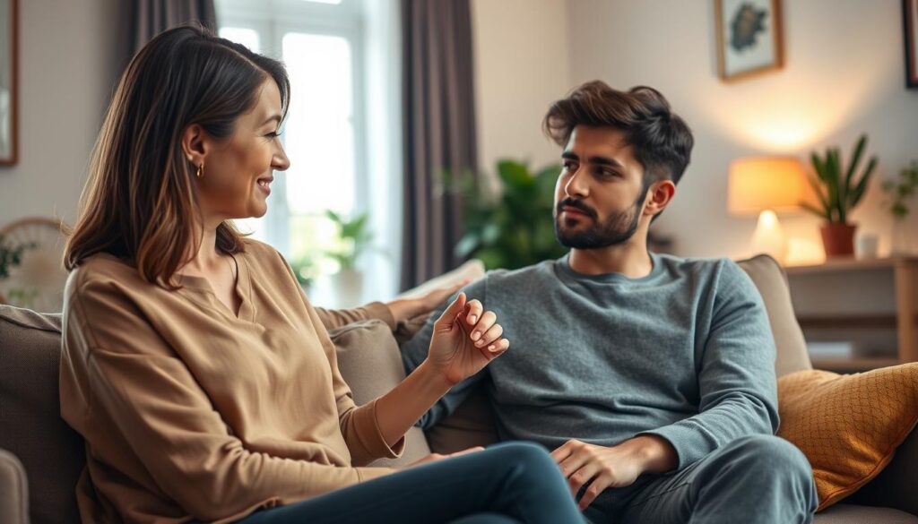 A soothing, intimate scene depicting emotional support for a person struggling with depression. In the foreground, a woman in modest casual clothing sits on a comfortable sofa, her expression calm and compassionate, gently holding the hand of a man beside her who appears vulnerable and contemplative. The middle ground shows a cozy, softly lit living room filled with warm colors, subtly decorated with plants and soft textures. In the background, a window allows gentle natural light to flood in, casting a warm glow, enhancing the nurturing atmosphere. The mood is one of safety, empathy, and connection, highlighting the importance of emotional support in times of need. The composition focuses on the connection between the two individuals, without any distractions, embodying warmth and understanding. A soothing, intimate scene depicting emotional support for a person struggling with depression. In the foreground, a woman in modest casual clothing sits on a comfortable sofa, her expression calm and compassionate, gently holding the hand of a man beside her who appears vulnerable and contemplative. The middle ground shows a cozy, softly lit living room filled with warm colors, subtly decorated with plants and soft textures. In the background, a window allows gentle natural light to flood in, casting a warm glow, enhancing the nurturing atmosphere. The mood is one of safety, empathy, and connection, highlighting the importance of emotional support in times of need. The composition focuses on the connection between the two individuals, without any distractions, embodying warmth and understanding.
